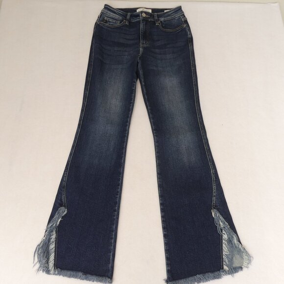 KanCan 7/27 Kimmie High Rise Split Frayed Hem Flare Blue Jeans - Picture 3 of 11